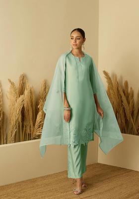 Green Embroidered Polyester Kurta Set