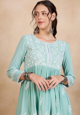 Sea Green Embroidered Viscose Kurta Set