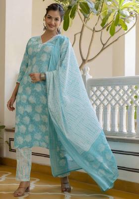 Turquoise Blue Yoke Design Cotton Kurta Set
