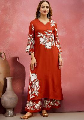 Rust Printed Viscose Kurta Set