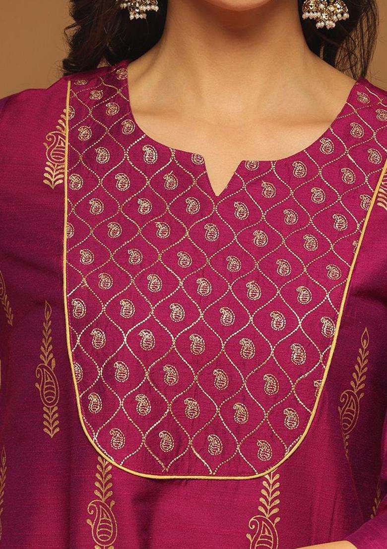 Purple Printed Silk Blend Kurta Set - Indya
