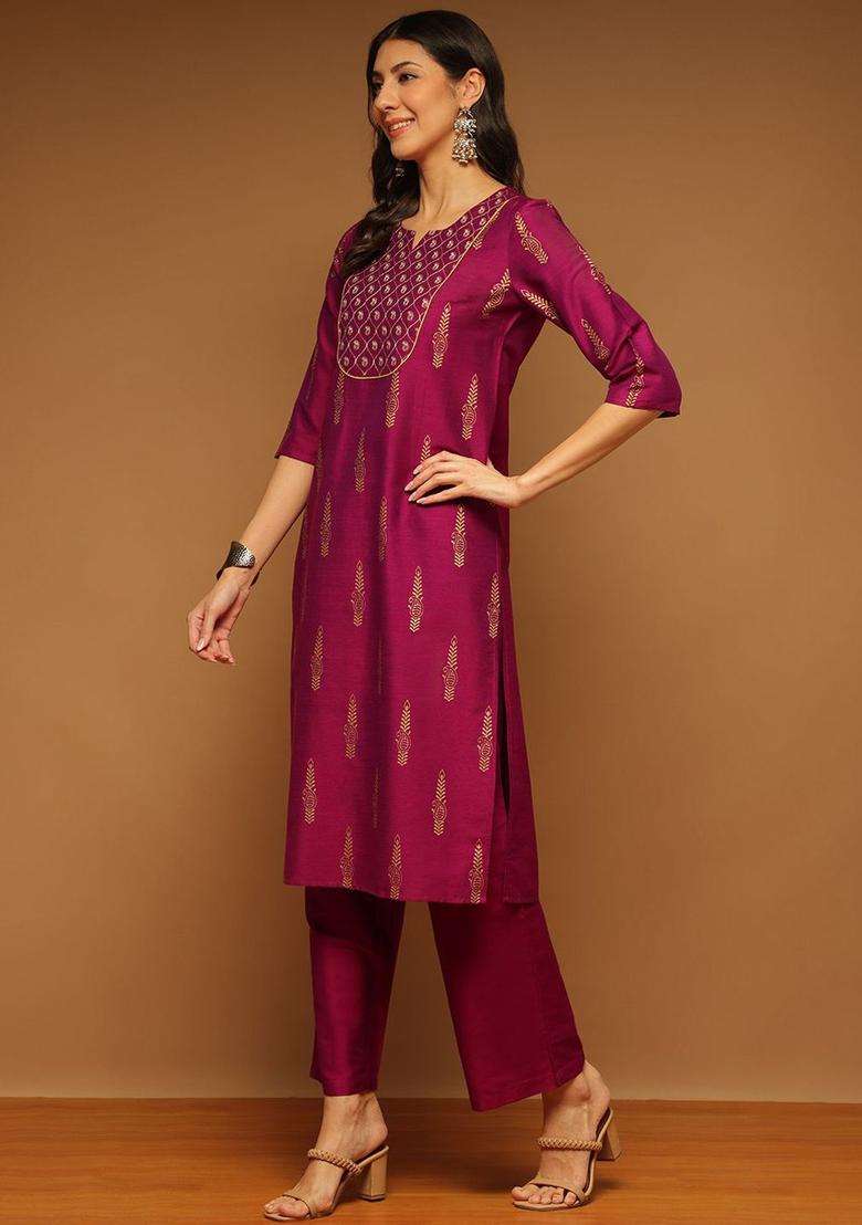 Purple Printed Silk Blend Kurta Set - Indya