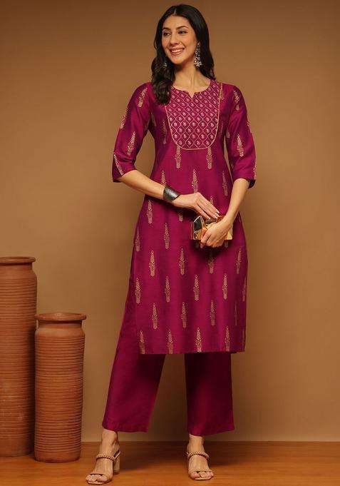 Purple Printed Silk Blend Kurta Set
