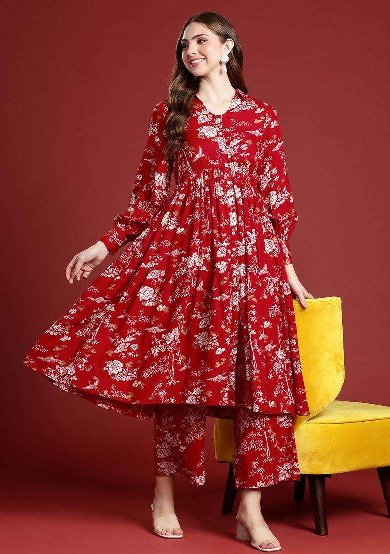 Maroon Printed Viscose Kurta Set - Indya