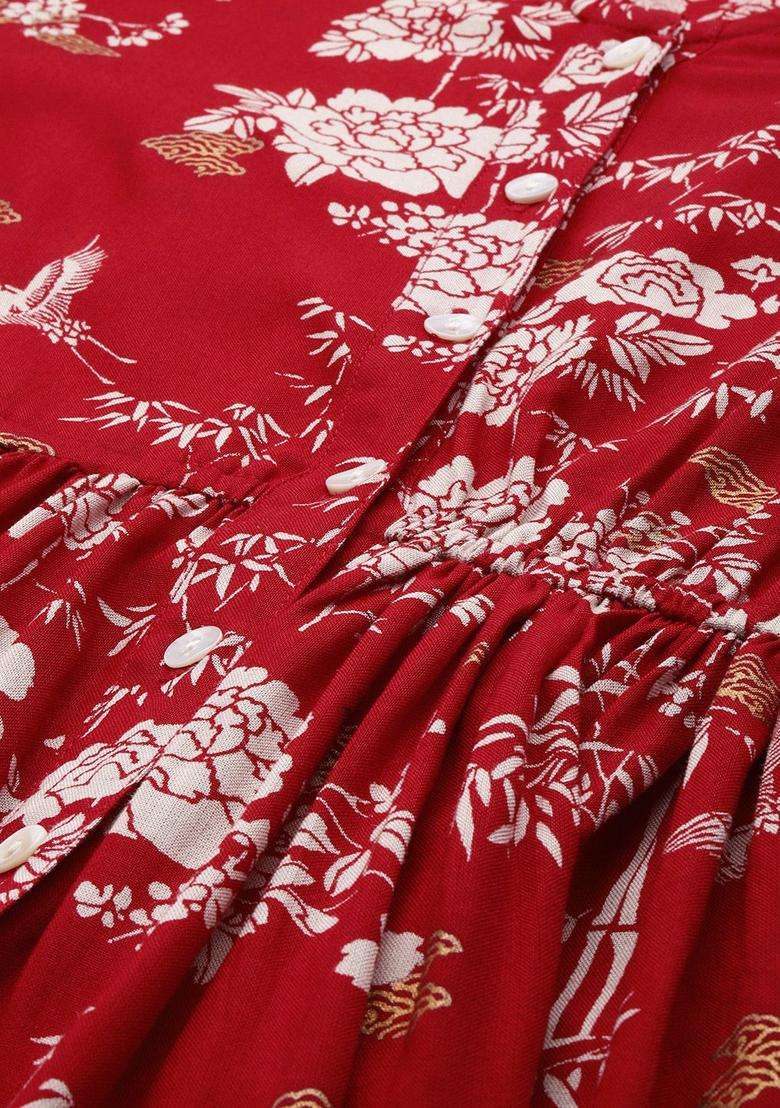 Maroon Printed Viscose Kurta Set - Indya
