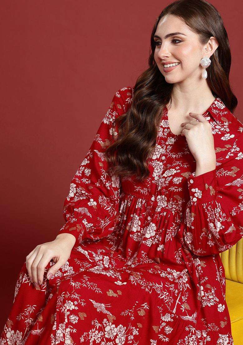 Maroon Printed Viscose Kurta Set - Indya