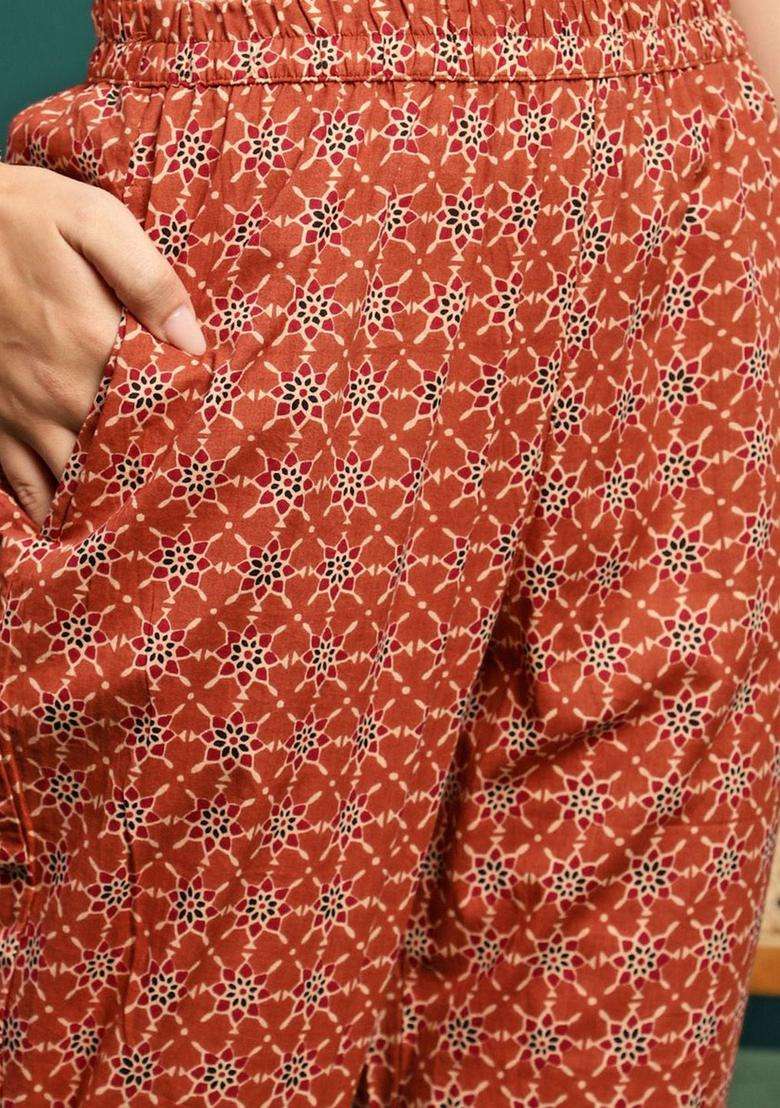 Brown Printed Cotton Anarkali Set - Indya