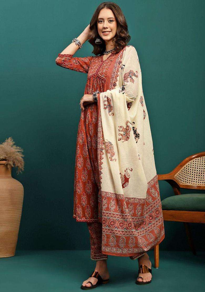 Brown Printed Cotton Anarkali Set - Indya