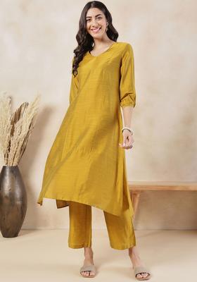 Mustard Solid Silk Blend Kurta Set