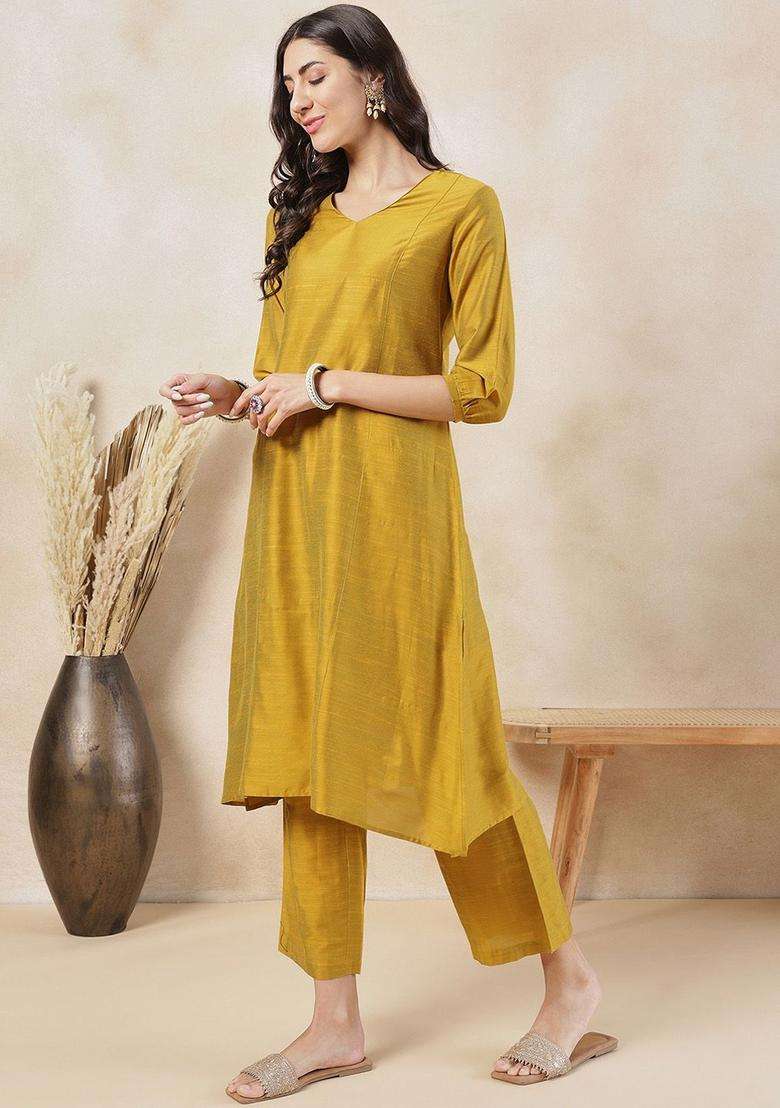 Mustard Solid Silk Blend Kurta Set - Indya