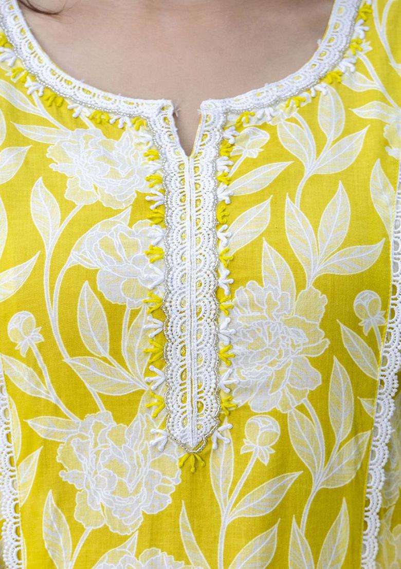 Yellow Embroidered Cotton Kurta Set - Indya