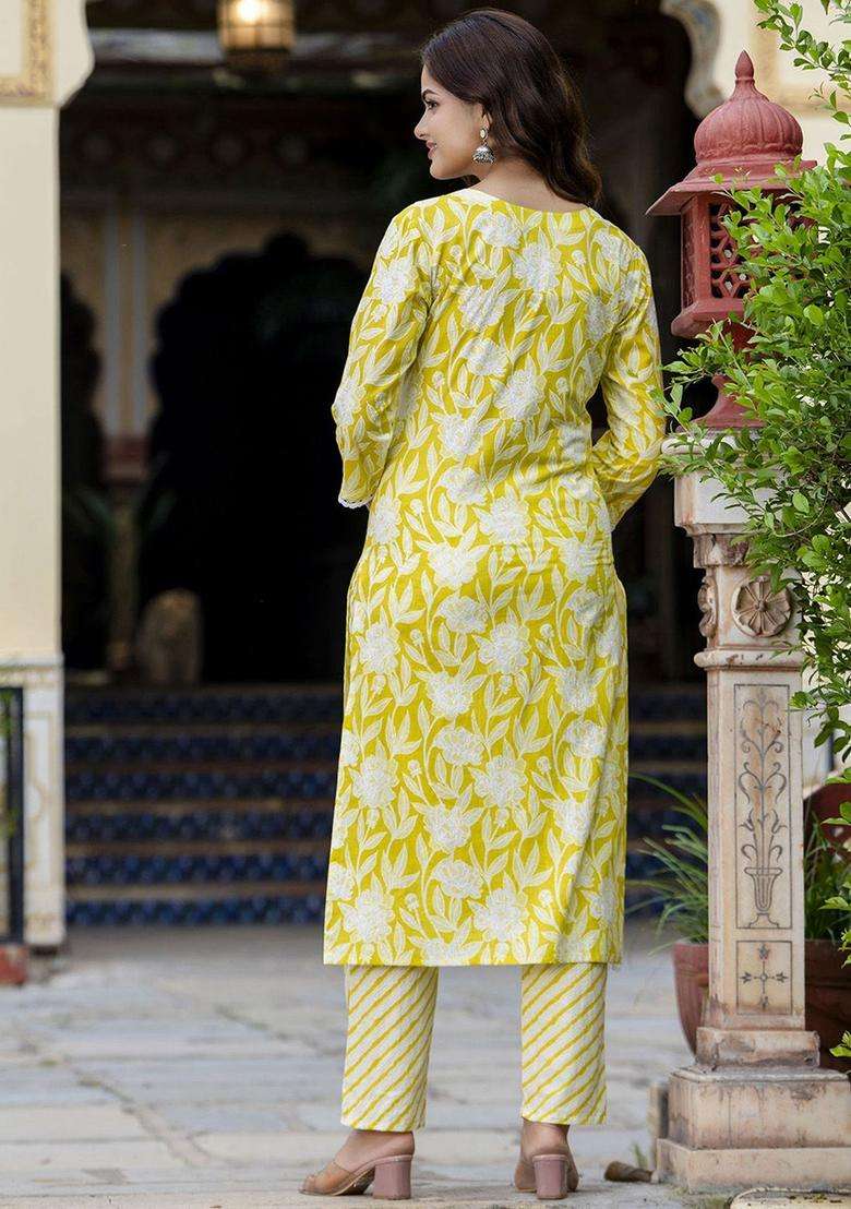 Yellow Embroidered Cotton Kurta Set - Indya