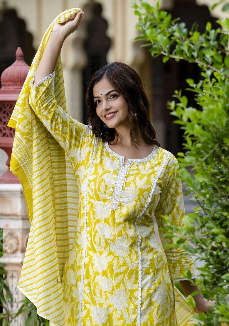 Yellow Embroidered Cotton Kurta Set - Indya