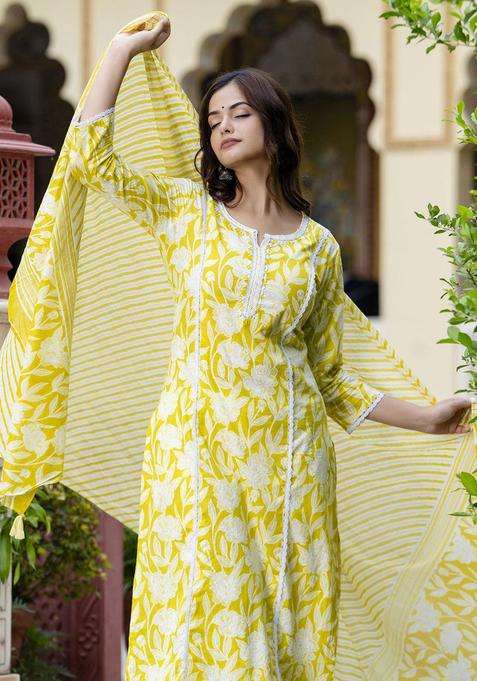 Yellow Embroidered Cotton Kurta Set
