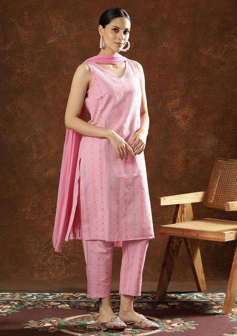 Pink Printed Cotton Kurta Set - Indya