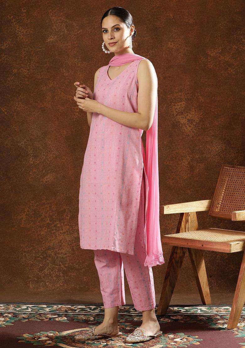 Pink Printed Cotton Kurta Set - Indya