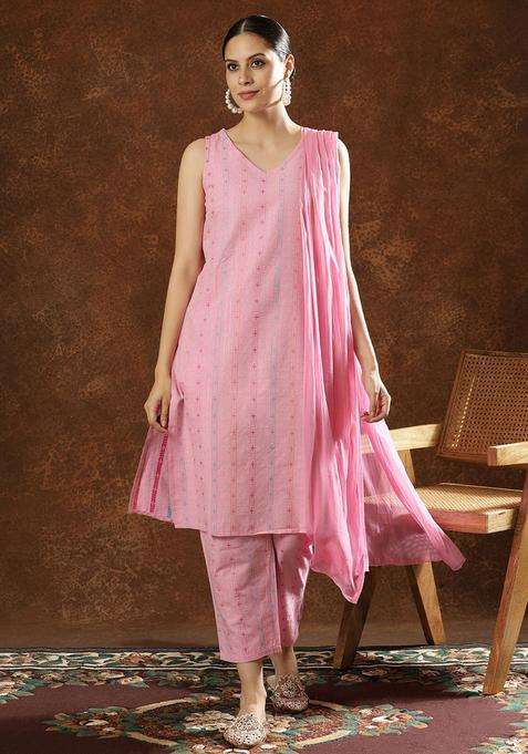 Pink Printed Cotton Kurta Set