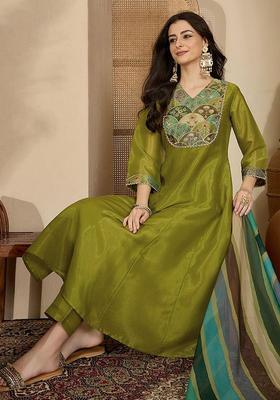 Olive Printed Silk Kurta Set