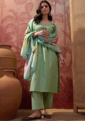 Green Embroidered Cotton Kurta Set