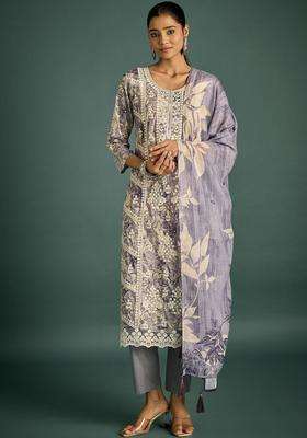 Grey Embroidered Cotton Kurta Set