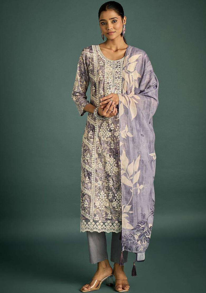 Grey Embroidered Cotton Kurta Set - Indya