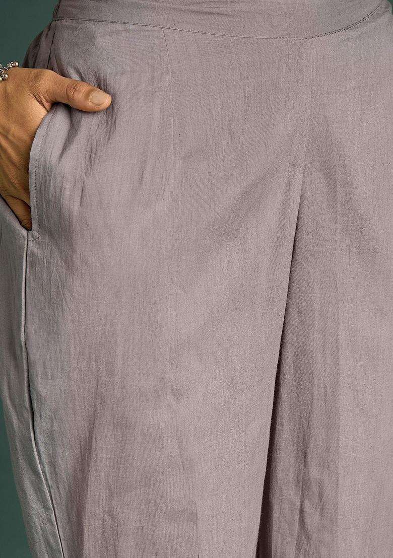 Grey Embroidered Cotton Kurta Set - Indya