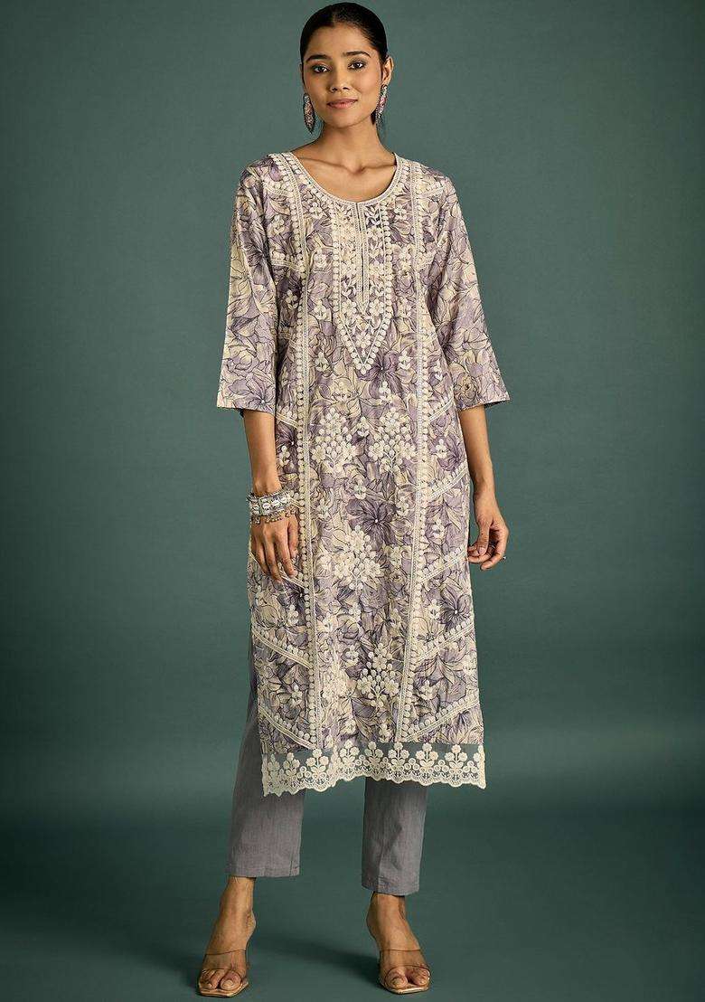 Grey Embroidered Cotton Kurta Set - Indya