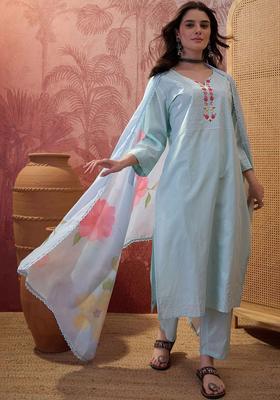 Blue Embroidered Cotton Kurta Set