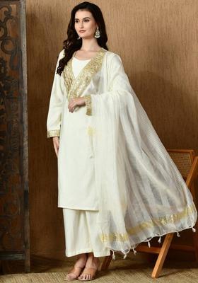 White Solid Silk Blend Kurta Set