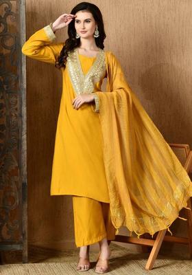 Mustard Embroidered Silk Kurta Set