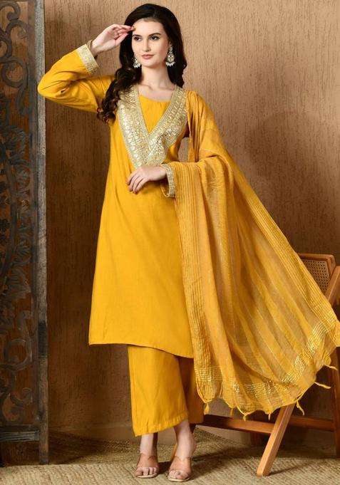 Mustard Embroidered Silk Blend Kurta Set