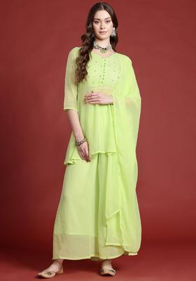 Lime Green Printed Polyester Kurta Set