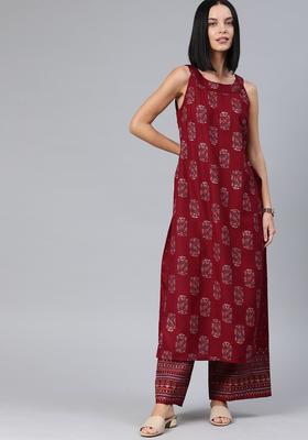 Maroon Printed Polyester Kurta Set