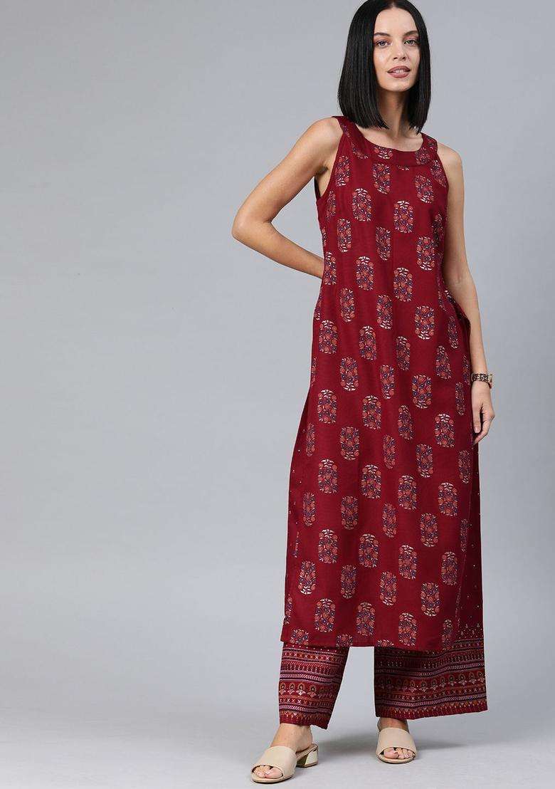 Maroon Printed Polyester Kurta Set - Indya
