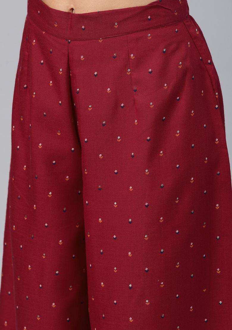 Maroon Printed Polyester Kurta Set - Indya