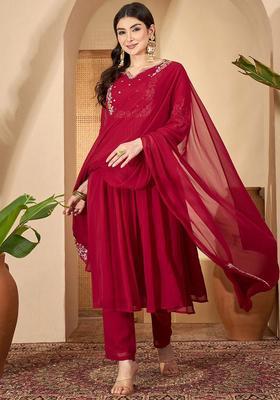 Red Embroidered Georgette Kurta Set