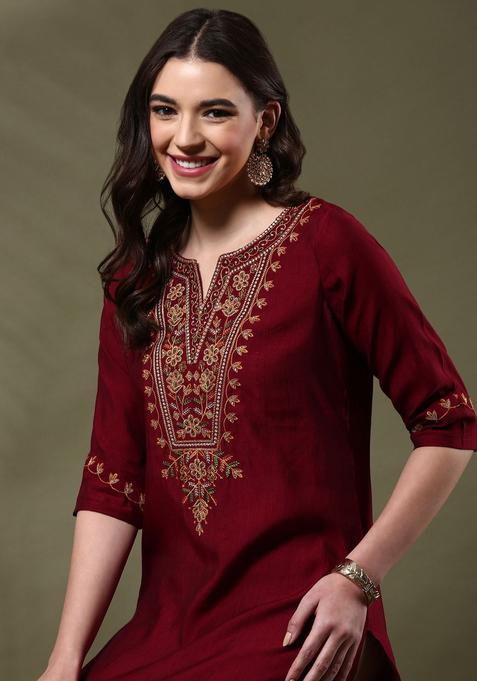 Maroon  Blended Kurta