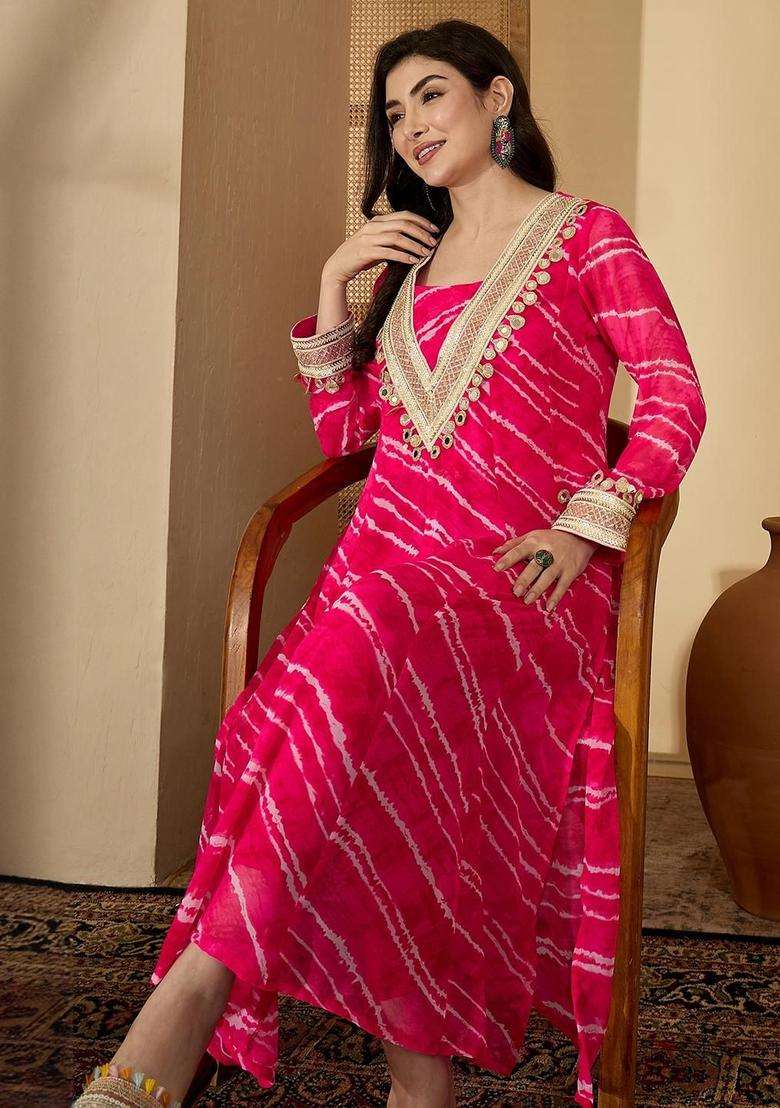 Pink Printed Georgette Kurta Set - Indya