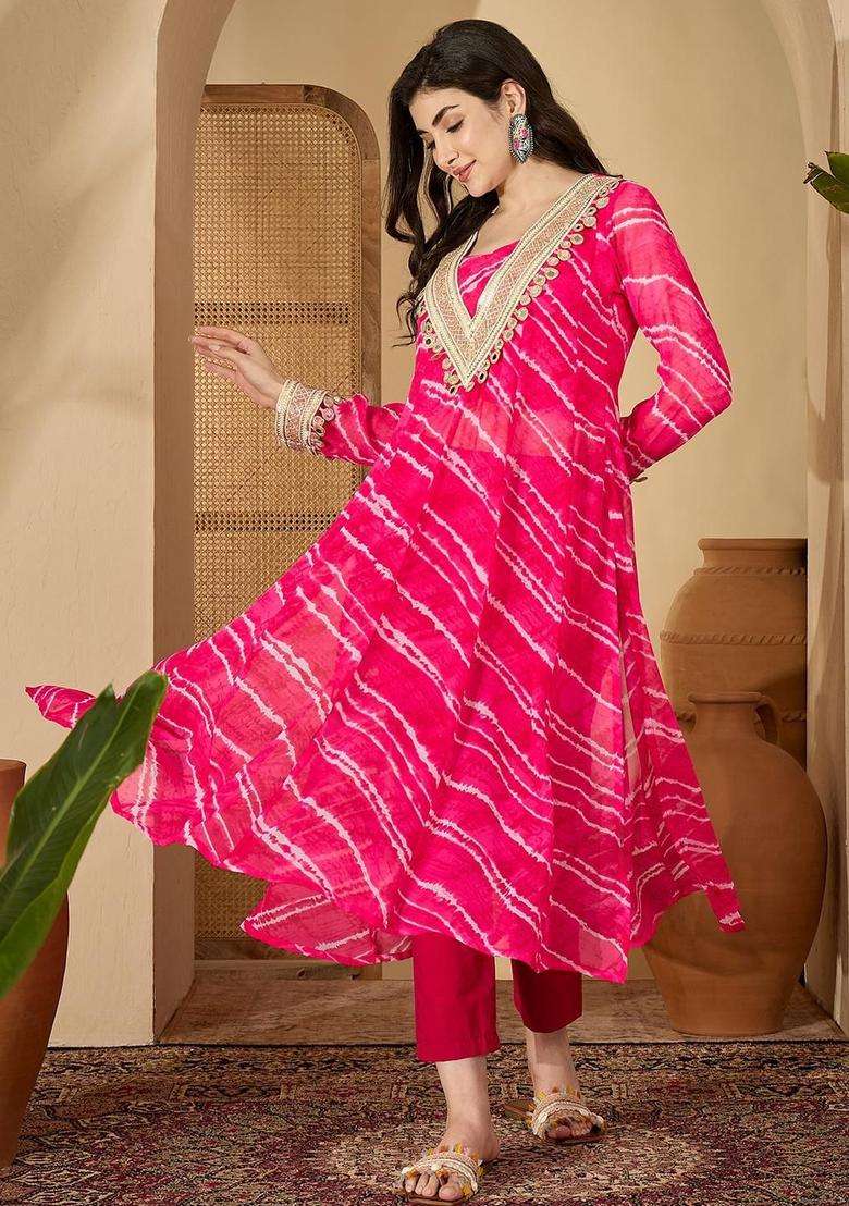 Pink Printed Georgette Kurta Set - Indya