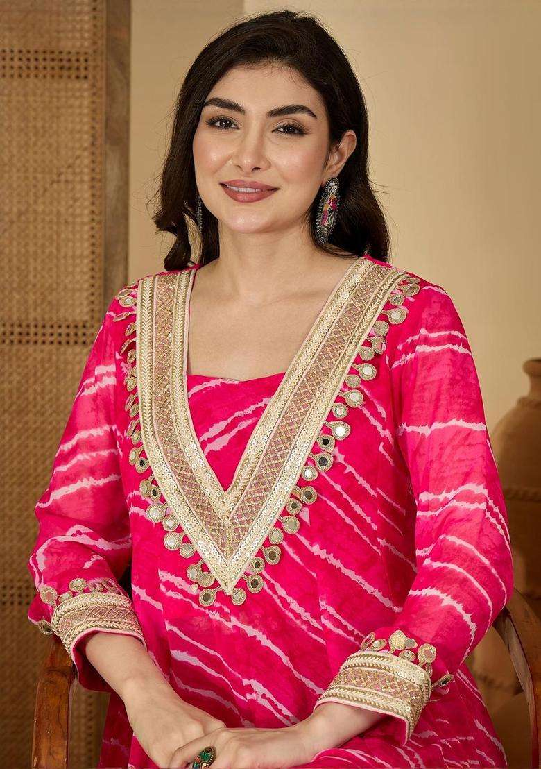 Pink Printed Georgette Kurta Set - Indya