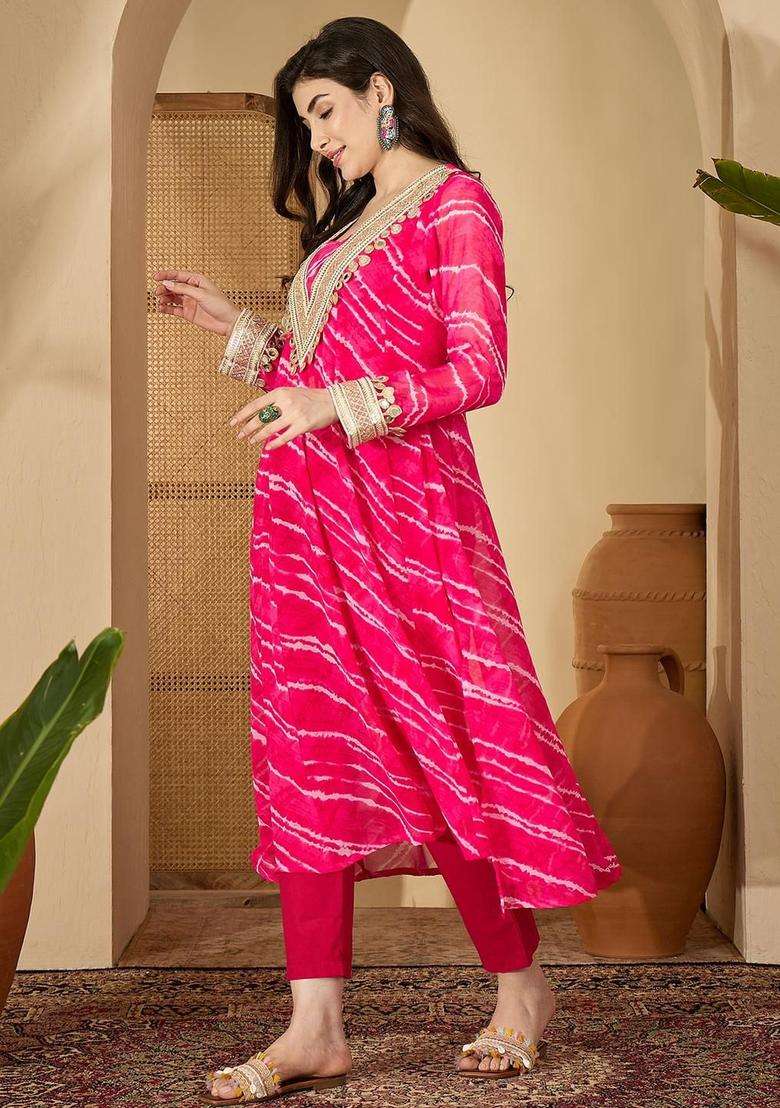 Pink Printed Georgette Kurta Set - Indya