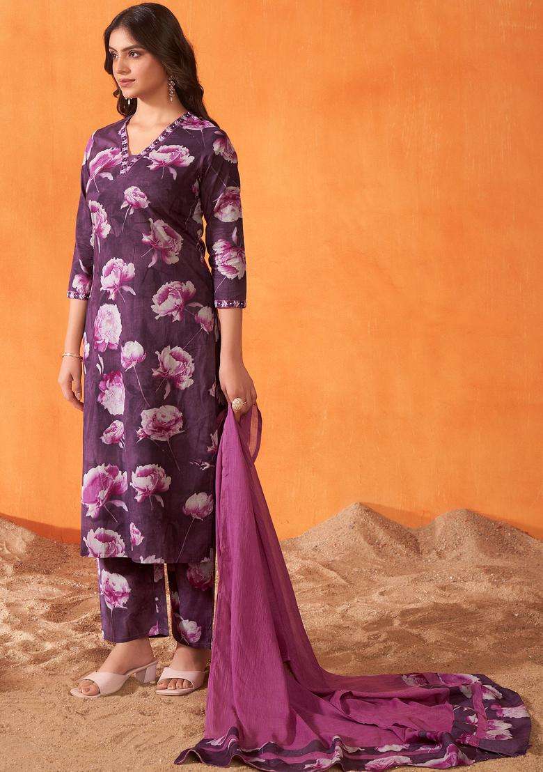 Burgundy Printed Cotton Kurta Set - Indya