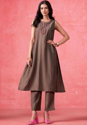 Coffee Brown Yoke Design Silk Kurta Set