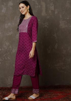 Burgundy Embroidered Viscose Kurta Set
