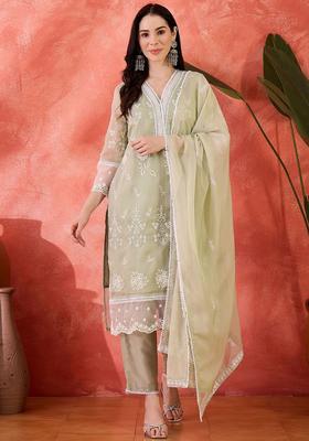 Green Embroidered Tissue Kurta Set