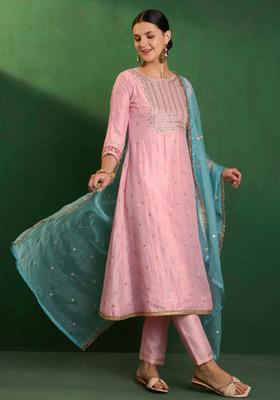 Pink Embroidered Silk Kurta Set