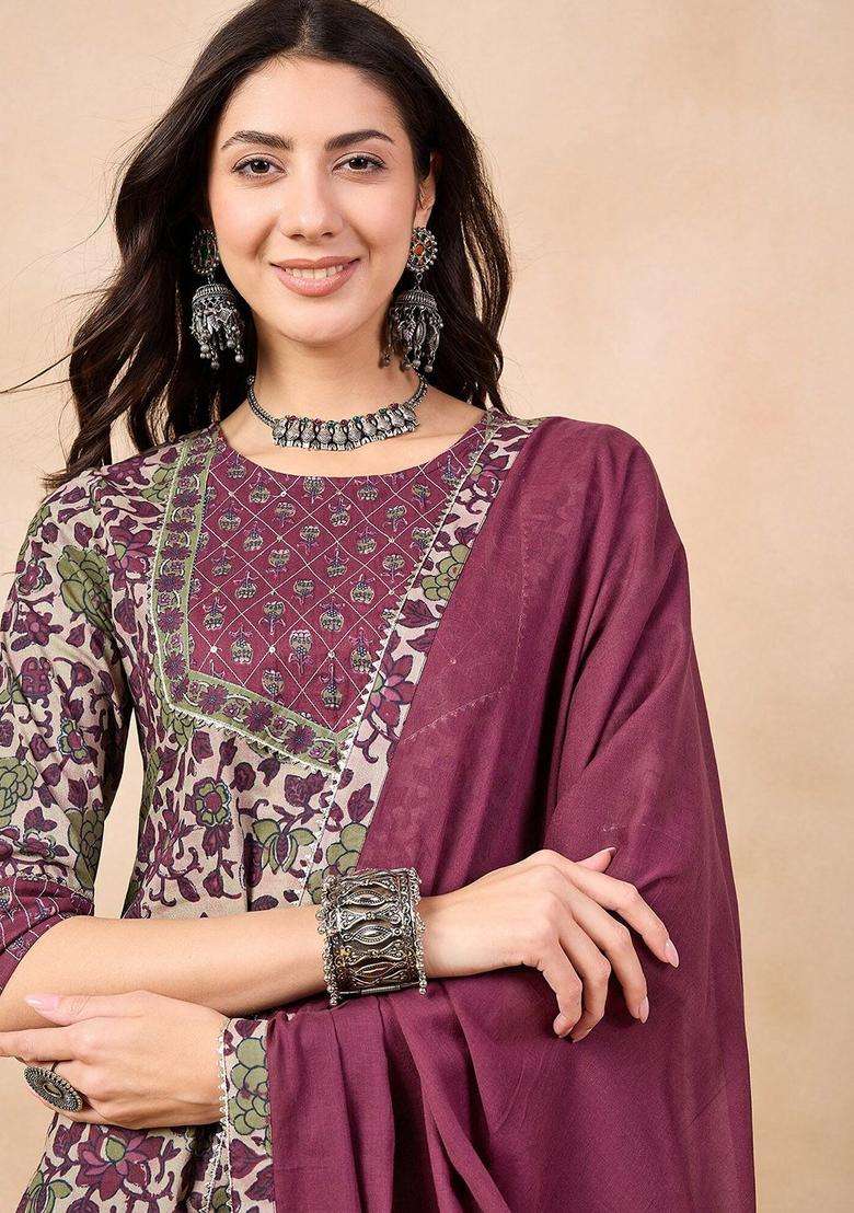 Maroon Printed Cotton Kurta Set - Indya