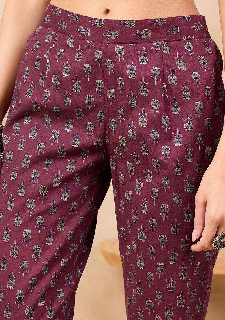 Maroon Printed Cotton Kurta Set - Indya