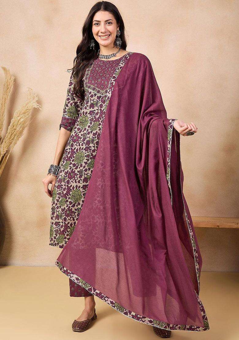 Maroon Printed Cotton Kurta Set - Indya