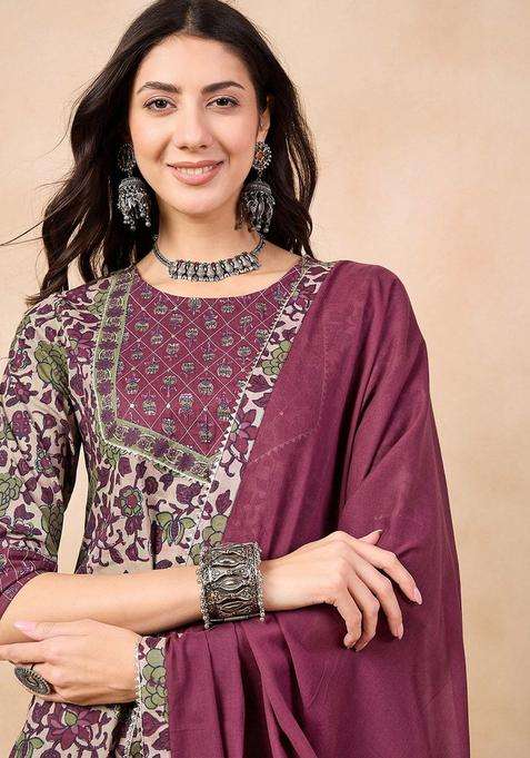 Maroon Printed Cotton Kurta Set